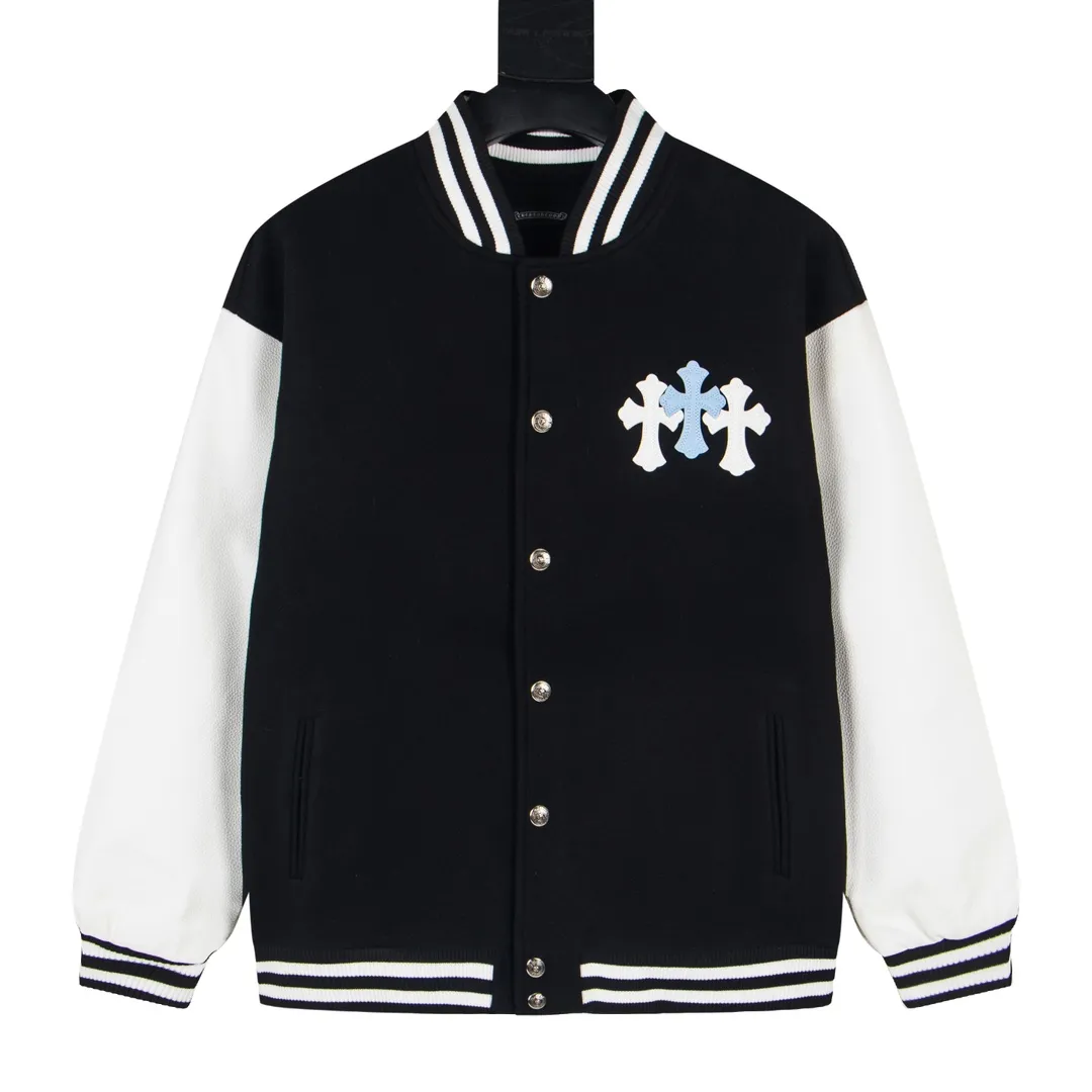 P360 model number Y608 Chrome Hearts Fw25 Chrome Hearts blue and white cross baseball jacket, same style for men and women, hot new product, original customized woolen fabric with a little thickness, early spring weather is still very good for the upper body, imported spliced pu leather sleeves, original molding and fine leather material, super heavy engineering design on the chest and back, exclusive custom cross metal decoration, customized loose fit, very handsome for both men and women, all details respect the original Mold customization of distressed cross snaps with incomparable distressed texture SIZE:M-XXL
